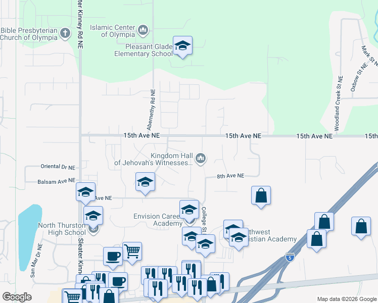 map of restaurants, bars, coffee shops, grocery stores, and more near 1010 Midway Drive Northeast in Lacey