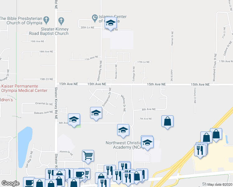 map of restaurants, bars, coffee shops, grocery stores, and more near 1010 Midway Drive Northeast in Olympia