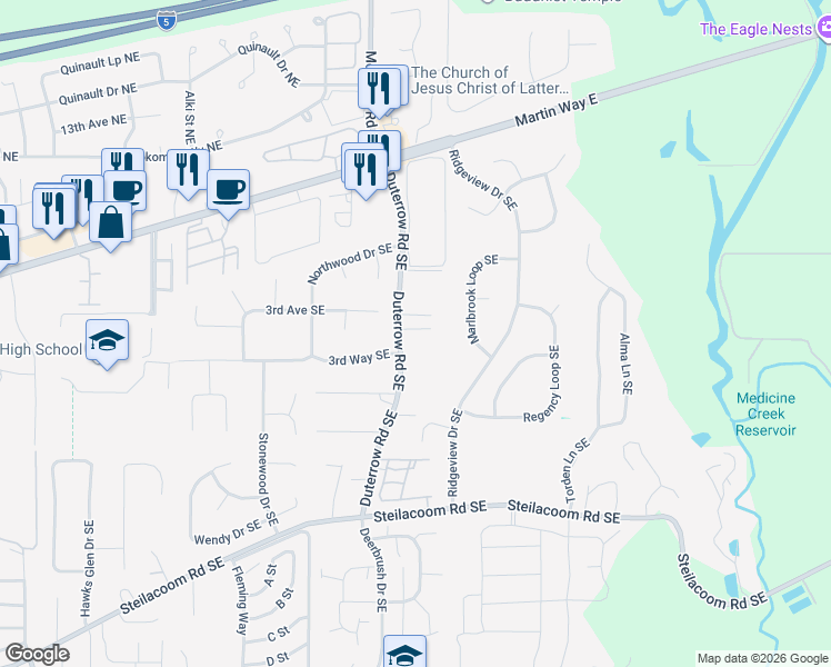 map of restaurants, bars, coffee shops, grocery stores, and more near 9346 3rd Way Southeast in Olympia