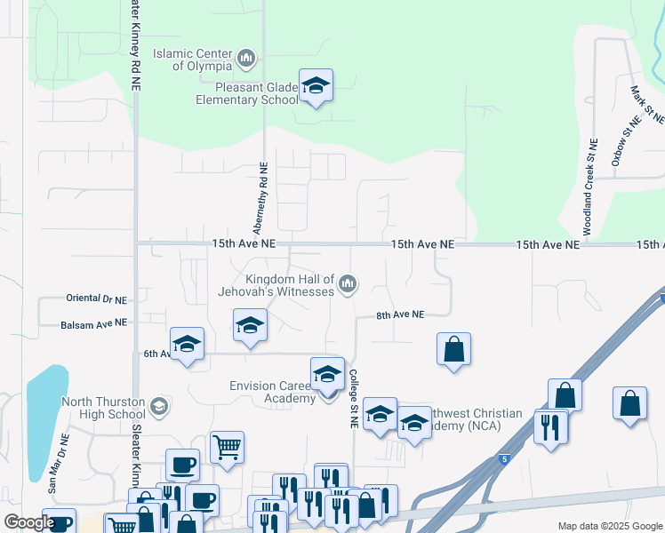 map of restaurants, bars, coffee shops, grocery stores, and more near 727 Midway Drive Northeast in Lacey