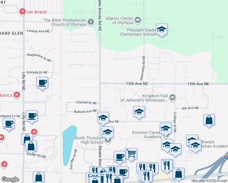 map of restaurants, bars, coffee shops, grocery stores, and more near 940 Sleater Kinney Road Northeast in Olympia