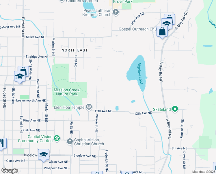 map of restaurants, bars, coffee shops, grocery stores, and more near 1336 Wilson Street Northeast in Olympia