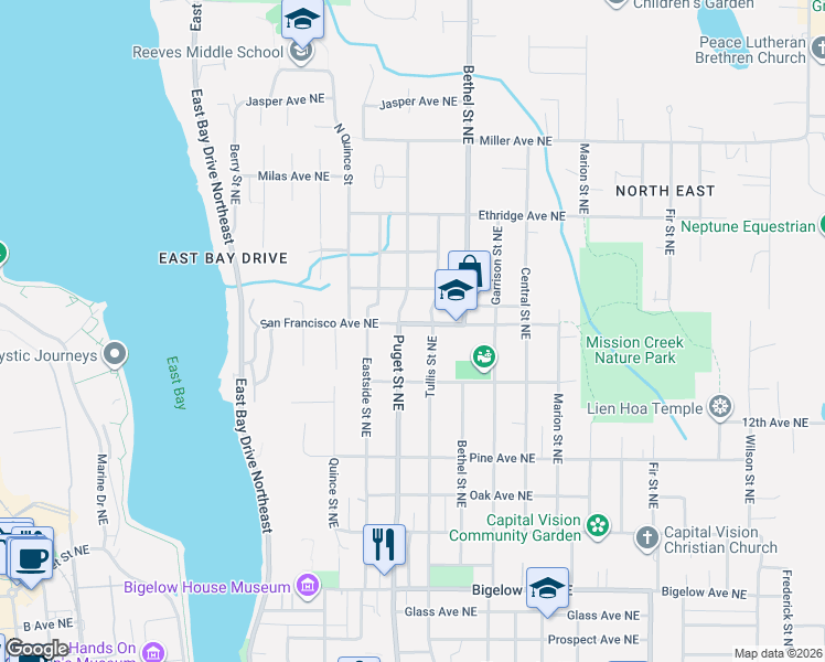 map of restaurants, bars, coffee shops, grocery stores, and more near 1325 Puget Street Northeast in Olympia