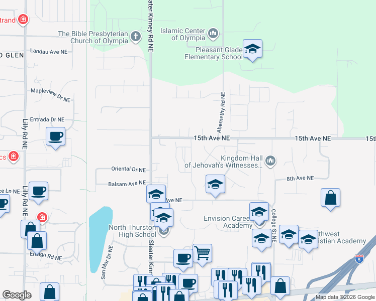 map of restaurants, bars, coffee shops, grocery stores, and more near 819 Forrestal Place Northeast in Lacey