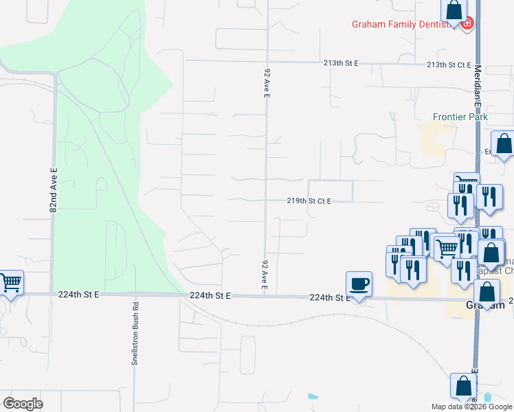 map of restaurants, bars, coffee shops, grocery stores, and more near 9109 220th Street Court East in Graham