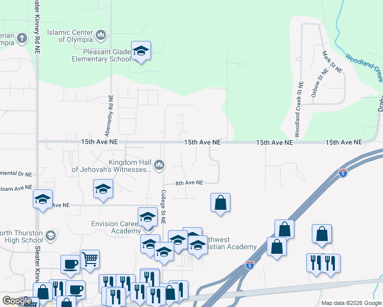 map of restaurants, bars, coffee shops, grocery stores, and more near 841 Westminster Court Northeast in Lacey