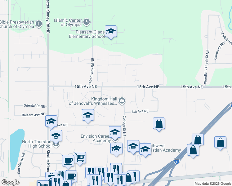 map of restaurants, bars, coffee shops, grocery stores, and more near 727 Midway Drive Northeast in Lacey