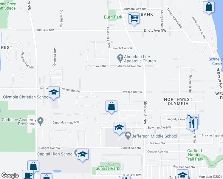 map of restaurants, bars, coffee shops, grocery stores, and more near 2354 Walnut Road Northwest in Olympia