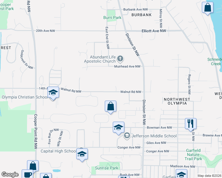 map of restaurants, bars, coffee shops, grocery stores, and more near 2354 Walnut Road Northwest in Olympia