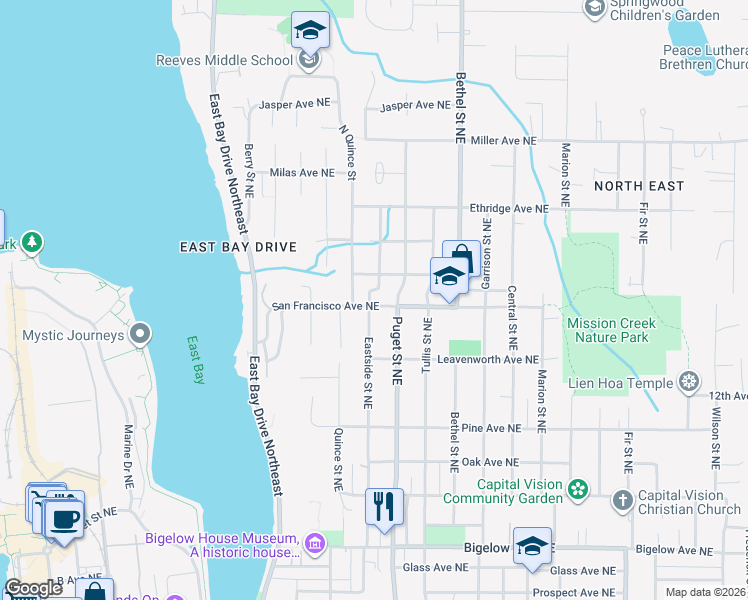 map of restaurants, bars, coffee shops, grocery stores, and more near 1005 Pioneer Avenue Northeast in Olympia