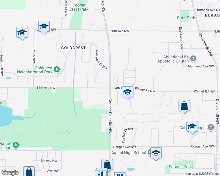 map of restaurants, bars, coffee shops, grocery stores, and more near 3108 14th Avenue Northwest in Olympia