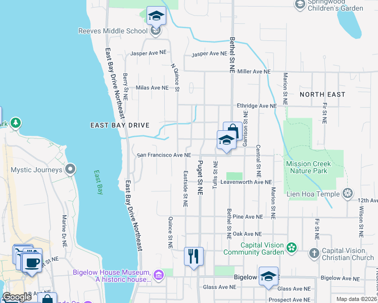 map of restaurants, bars, coffee shops, grocery stores, and more near 1005 Pioneer Avenue Northeast in Olympia