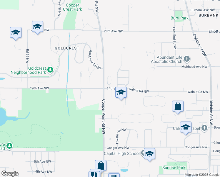 map of restaurants, bars, coffee shops, grocery stores, and more near 3106 14th Avenue Northwest in Olympia