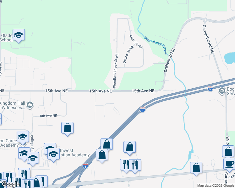 map of restaurants, bars, coffee shops, grocery stores, and more near 1510 Woodland Creek Street Northeast in Olympia