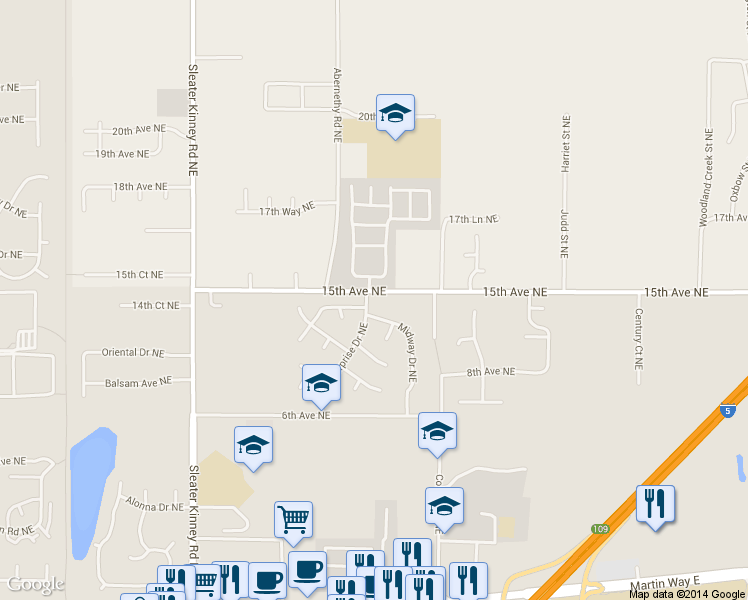 map of restaurants, bars, coffee shops, grocery stores, and more near 2005 Alonda Lane Northeast in Olympia