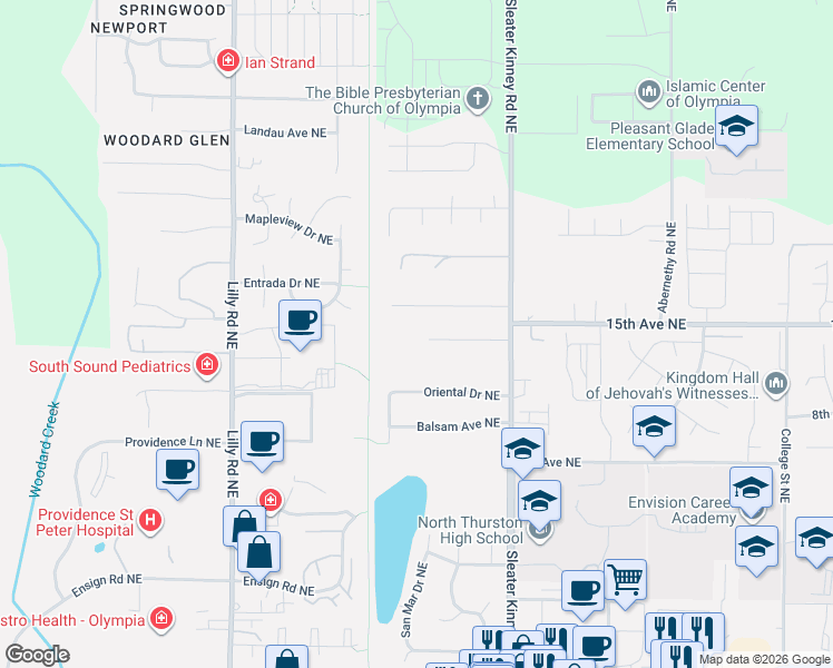 map of restaurants, bars, coffee shops, grocery stores, and more near 3811 15th Court Northeast in Olympia