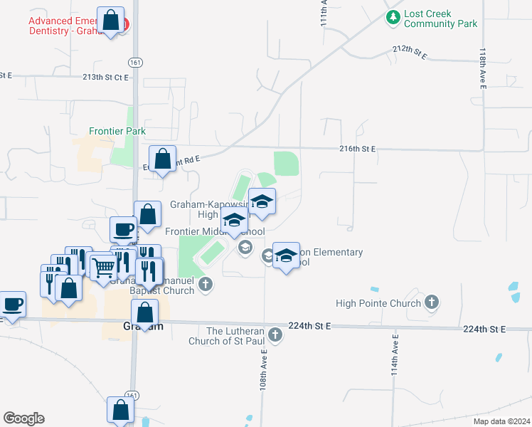 map of restaurants, bars, coffee shops, grocery stores, and more near 22100 108th Avenue East in Graham