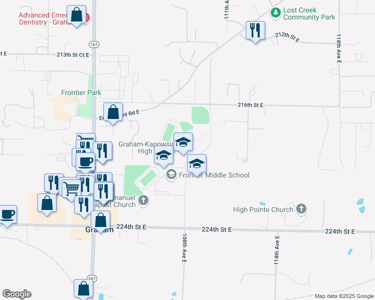 map of restaurants, bars, coffee shops, grocery stores, and more near 22100 108th Avenue East in Graham