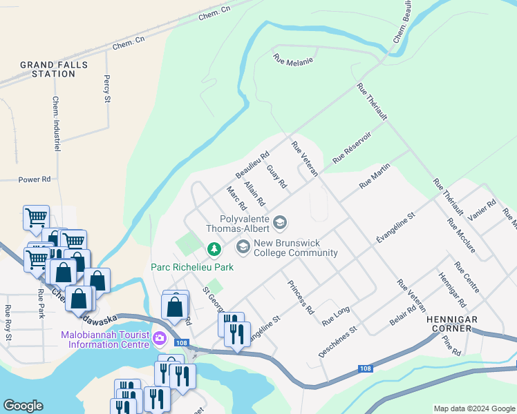 map of restaurants, bars, coffee shops, grocery stores, and more near 313 Allain Road in Grand Falls