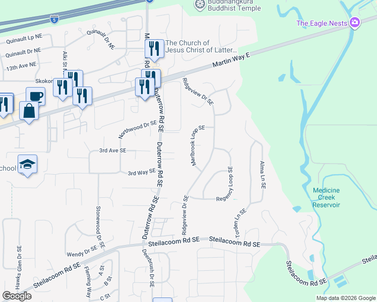 map of restaurants, bars, coffee shops, grocery stores, and more near 9508 Marlbrook Loop Southeast in Olympia