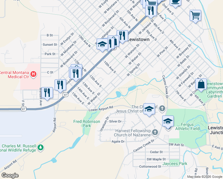 map of restaurants, bars, coffee shops, grocery stores, and more near 1109-1115 West Water Street in Lewistown