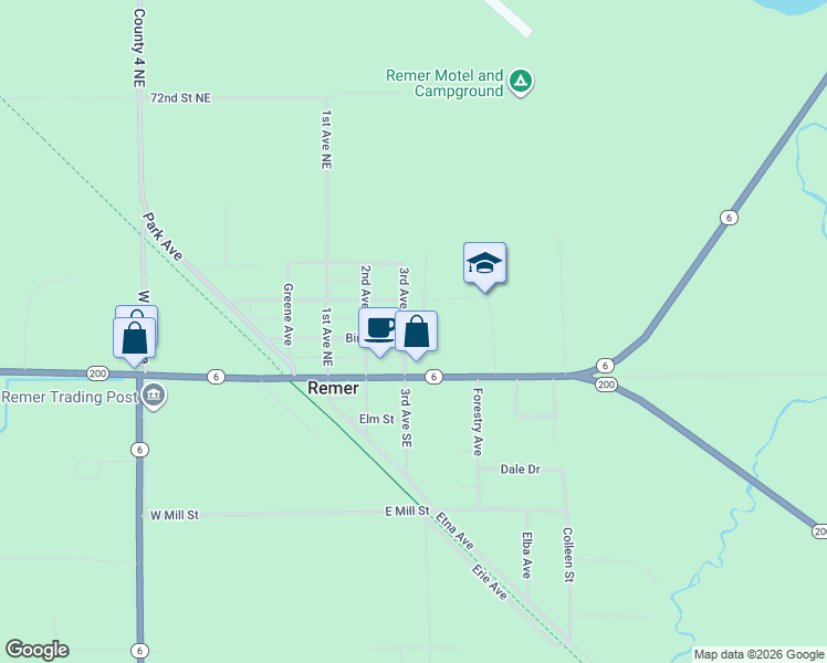 map of restaurants, bars, coffee shops, grocery stores, and more near 207 Cedar Street Northeast in Remer