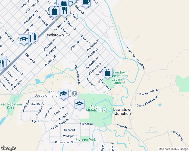 map of restaurants, bars, coffee shops, grocery stores, and more near 603-615 West Farewell Street in Lewistown