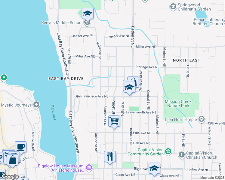 map of restaurants, bars, coffee shops, grocery stores, and more near 1111 Pioneer Avenue Northeast in Olympia