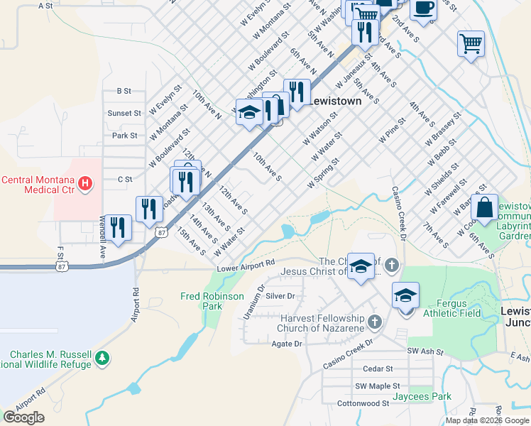 map of restaurants, bars, coffee shops, grocery stores, and more near 1109 West Water Street in Lewistown