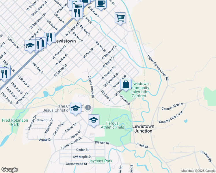 map of restaurants, bars, coffee shops, grocery stores, and more near 603 West Farewell Street in Lewistown