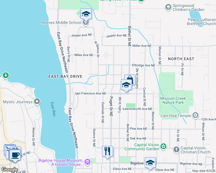map of restaurants, bars, coffee shops, grocery stores, and more near 1111 Pioneer Avenue Northeast in Olympia