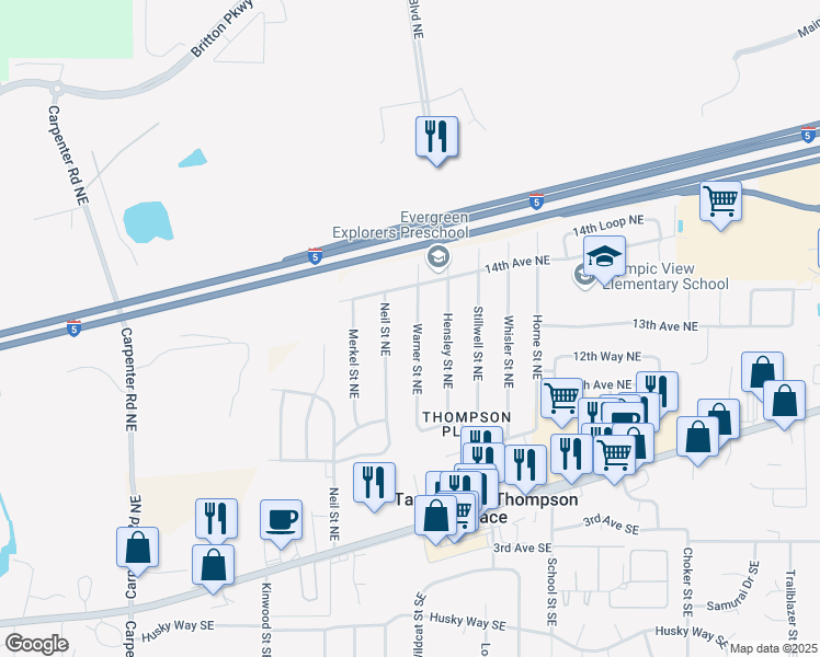 map of restaurants, bars, coffee shops, grocery stores, and more near 1313 Warner Street Northeast in Olympia