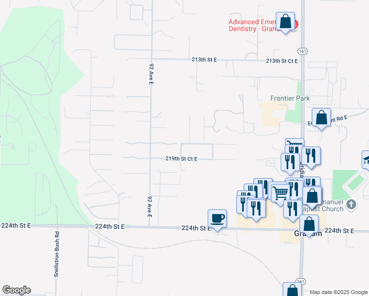 map of restaurants, bars, coffee shops, grocery stores, and more near 9402 218th Street Court East in Graham
