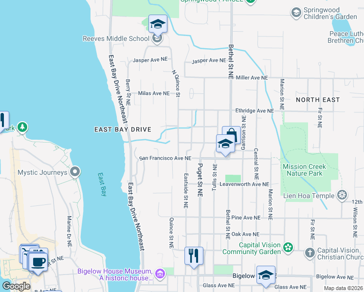 map of restaurants, bars, coffee shops, grocery stores, and more near 1005 Pioneer Avenue Northeast in Olympia