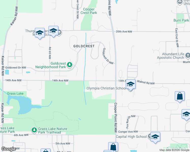 map of restaurants, bars, coffee shops, grocery stores, and more near 1402 Westview Place Northwest in Olympia