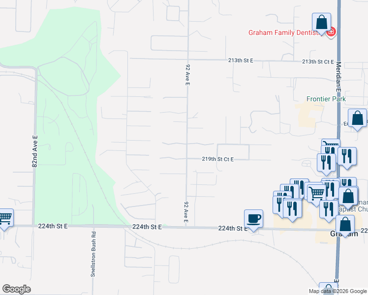 map of restaurants, bars, coffee shops, grocery stores, and more near 9108 218th Street Court East in Graham