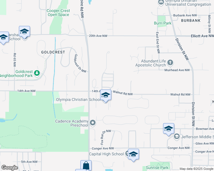 map of restaurants, bars, coffee shops, grocery stores, and more near 2612 Tranquil Avenue Northwest in Olympia