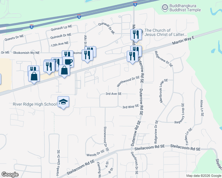 map of restaurants, bars, coffee shops, grocery stores, and more near 238 Clay Court Southeast in Olympia