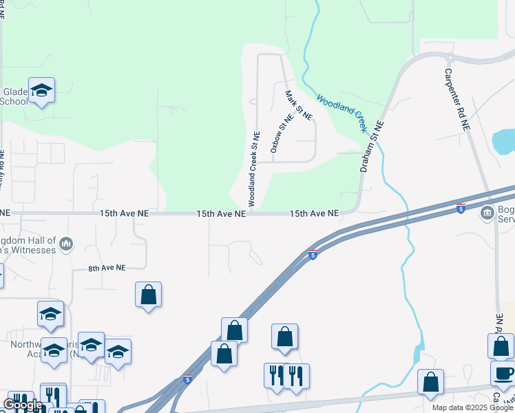 map of restaurants, bars, coffee shops, grocery stores, and more near 1510 Woodland Creek Street Northeast in Olympia