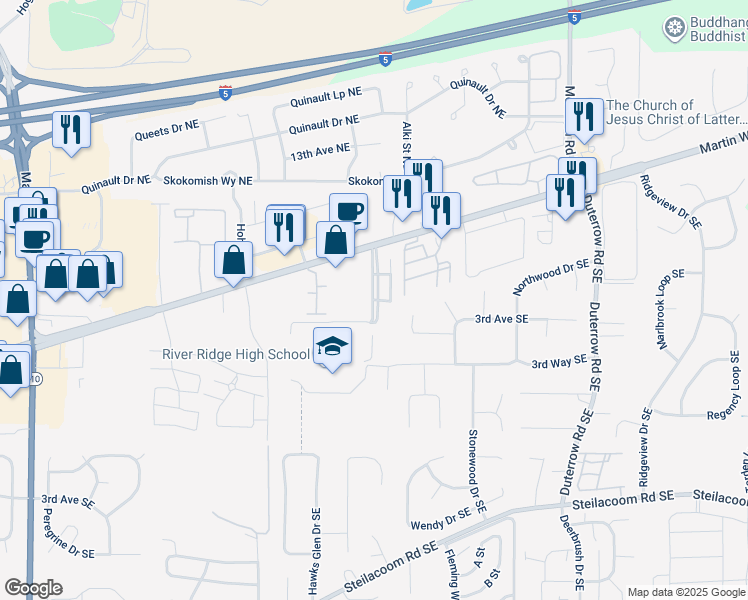 map of restaurants, bars, coffee shops, grocery stores, and more near 220 River Ridge Drive Southeast in Lacey