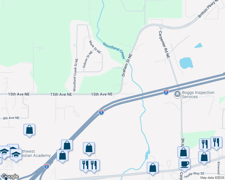 map of restaurants, bars, coffee shops, grocery stores, and more near 1541 Draham Street Northeast in Olympia