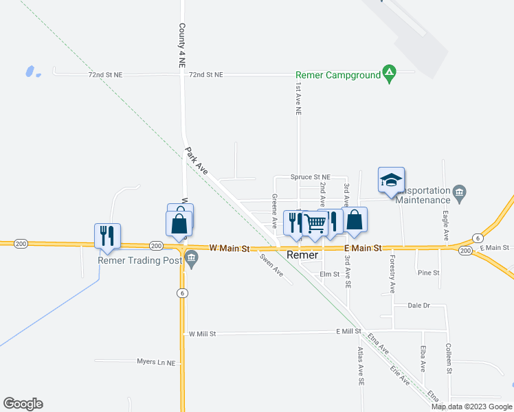 map of restaurants, bars, coffee shops, grocery stores, and more near 11 Cedar Street Northwest in Remer