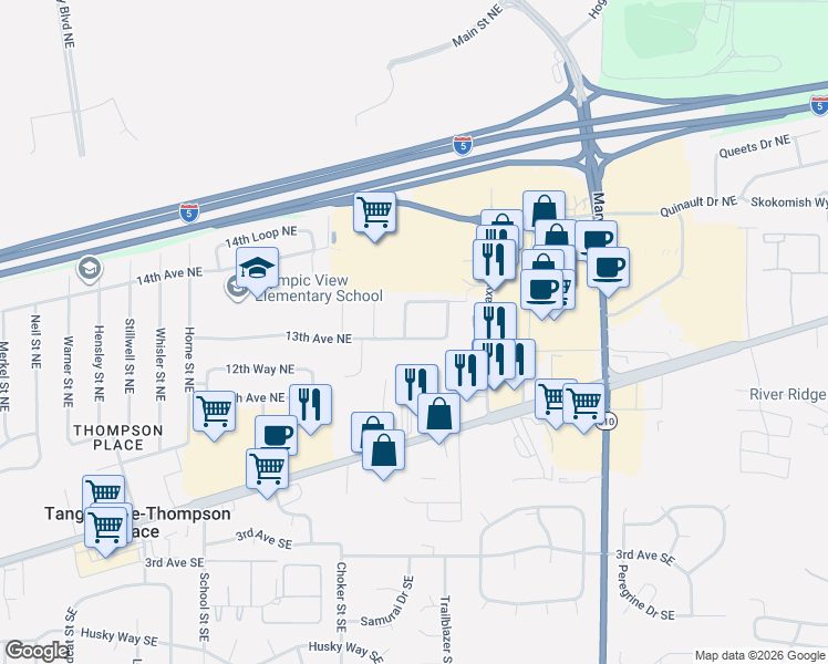 map of restaurants, bars, coffee shops, grocery stores, and more near 7810 13th Avenue Northeast in Olympia