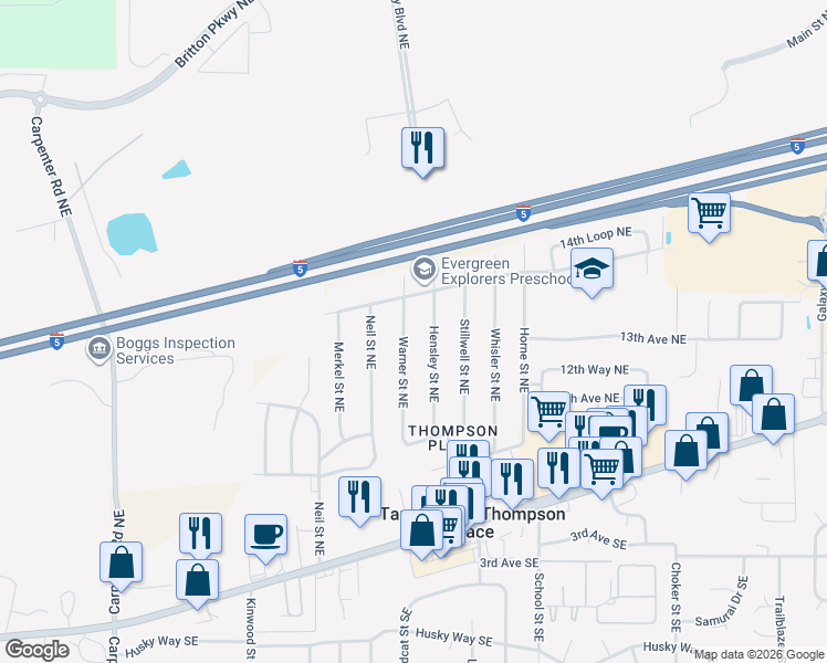 map of restaurants, bars, coffee shops, grocery stores, and more near 1313 Warner Street Northeast in Olympia