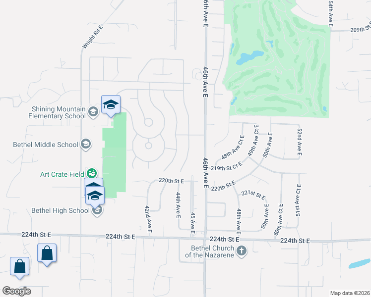 map of restaurants, bars, coffee shops, grocery stores, and more near 21726 44th Avenue Court East in Spanaway