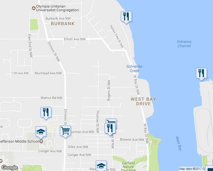 map of restaurants, bars, coffee shops, grocery stores, and more near 1503 Rogers Street Northwest in Olympia