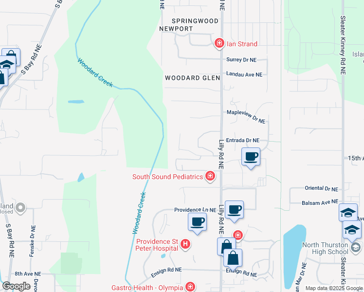 map of restaurants, bars, coffee shops, grocery stores, and more near 3344 Woodard Green Drive Northeast in Olympia