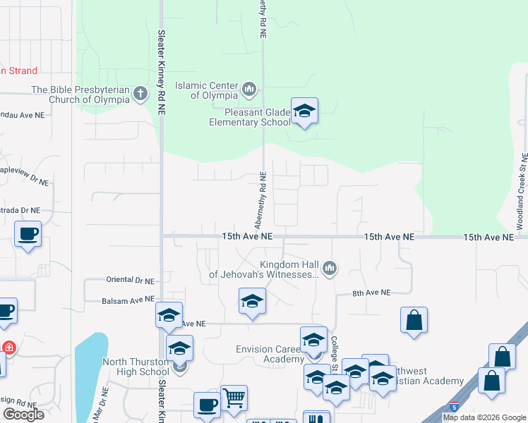 map of restaurants, bars, coffee shops, grocery stores, and more near 2504 Alonda Lane Northeast in Olympia