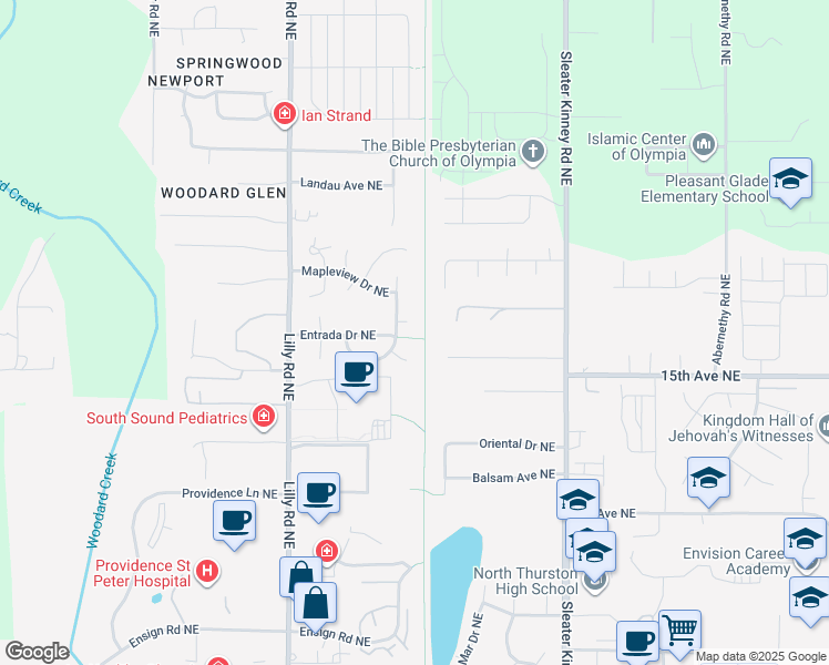 map of restaurants, bars, coffee shops, grocery stores, and more near 1614 Mapleridge Drive Northeast in Olympia