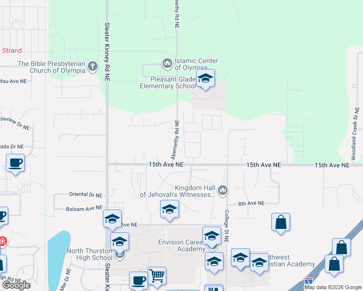 map of restaurants, bars, coffee shops, grocery stores, and more near 1324 Alonda Lane Northeast in Olympia